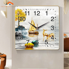 Tranh Đồng Hồ Vuông Treo Tường Hươu Vàng Phú Quý - Thu Hút May Mắn Tài Lộc