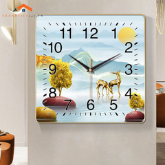 Tranh Đồng Hồ Vuông Treo Tường Hươu Vàng Phú Quý - Thu Hút May Mắn Tài Lộc