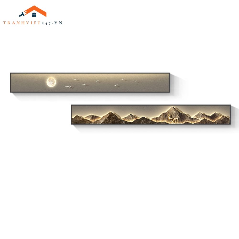 Tranh Treo Tường Bộ 2 Tấm Phong Cảnh Núi Mặt Trăng Chim Hươu Giả Led Trang Trí Phòng Khách