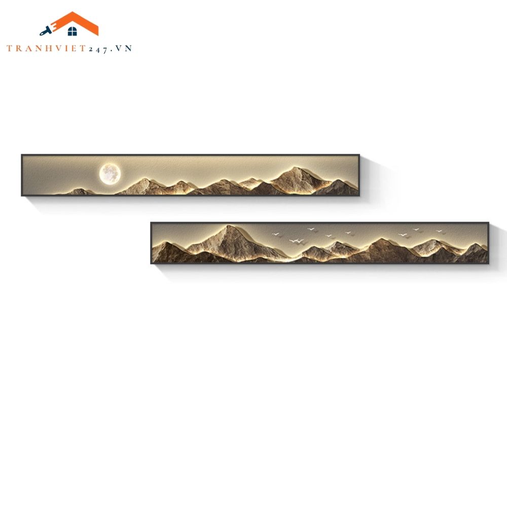 Tranh Treo Tường Bộ 2 Tấm Phong Cảnh Núi Mặt Trăng Chim Hươu Giả Led Trang Trí Phòng Khách
