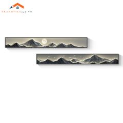 Tranh Treo Tường Bộ 2 Tấm Phong Cảnh Núi Mặt Trăng Chim Hươu Giả Led Trang Trí Phòng Khách