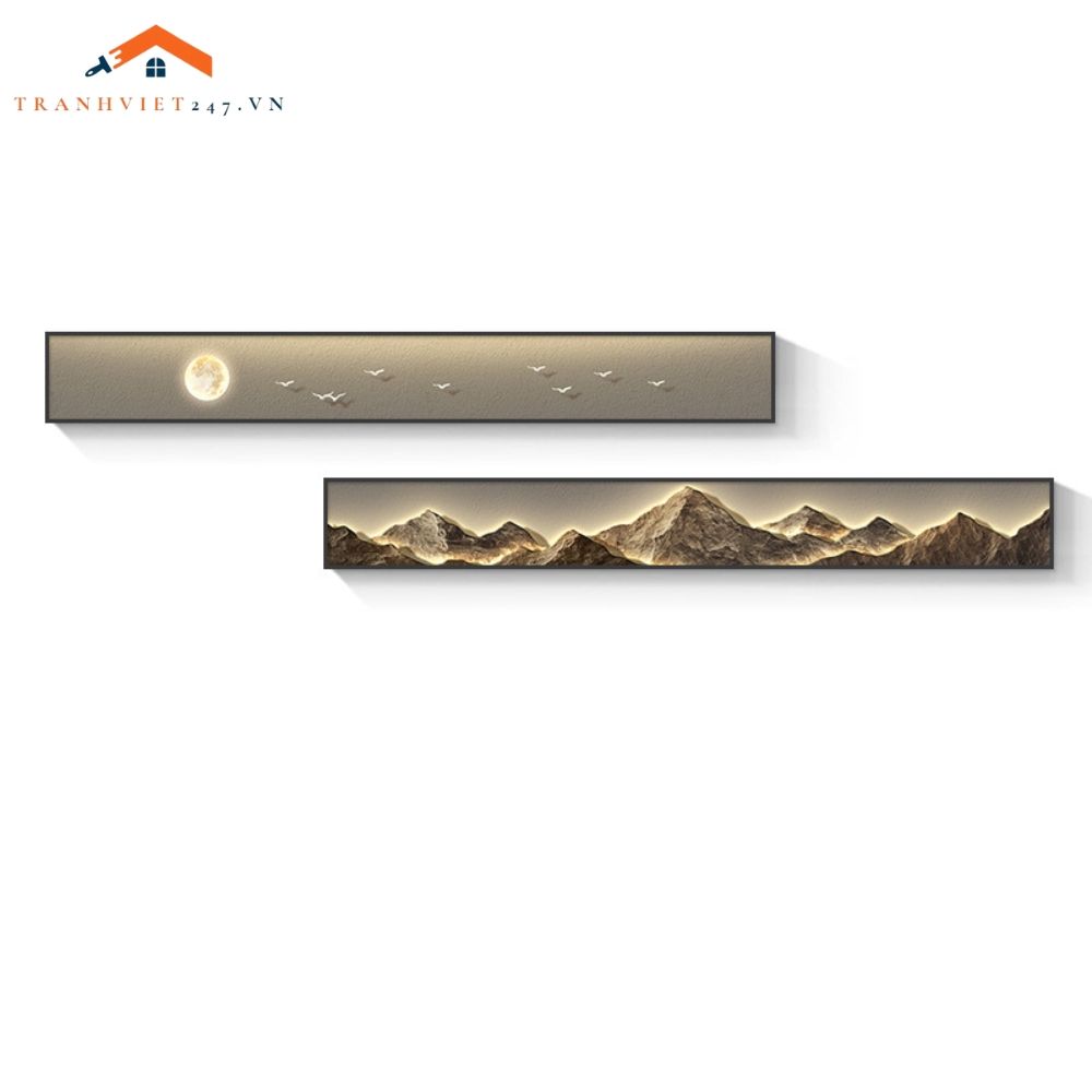 Tranh Treo Tường Bộ 2 Tấm Phong Cảnh Núi Mặt Trăng Chim Hươu Giả Led Trang Trí Phòng Khách