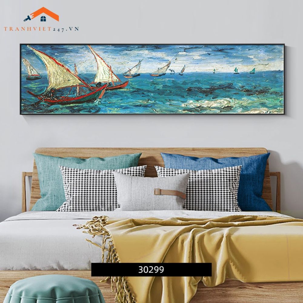 Tranh Treo Tường Phong Cảnh Biển Lâu Đài Cổ Khổ Dài, Phong Cách Ấn Tượng Trang Trí Phòng Ngủ