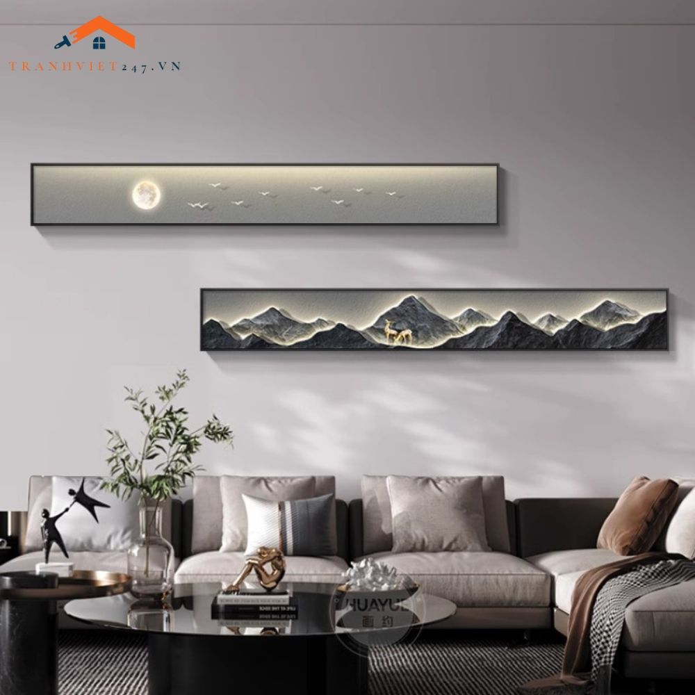 Tranh Treo Tường Bộ 2 Tấm Phong Cảnh Núi Mặt Trăng Chim Hươu Giả Led Trang Trí Phòng Khách