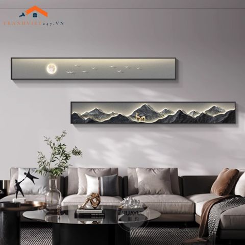 Tranh Treo Tường Bộ 2 Tấm Phong Cảnh Núi Mặt Trăng Chim Hươu Giả Led Trang Trí Phòng Khách