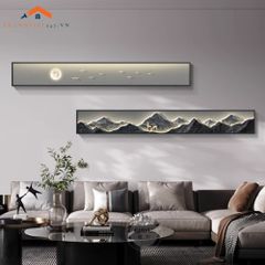 Tranh Treo Tường Bộ 2 Tấm Phong Cảnh Núi Mặt Trăng Chim Hươu Giả Led Trang Trí Phòng Khách