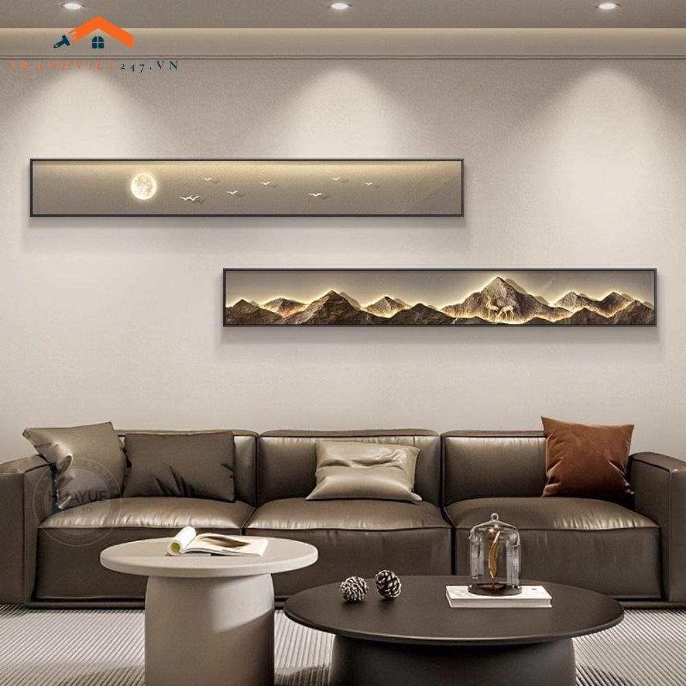 Tranh Treo Tường Bộ 2 Tấm Phong Cảnh Núi Mặt Trăng Chim Hươu Giả Led Trang Trí Phòng Khách