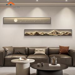 Tranh Treo Tường Bộ 2 Tấm Phong Cảnh Núi Mặt Trăng Chim Hươu Giả Led Trang Trí Phòng Khách