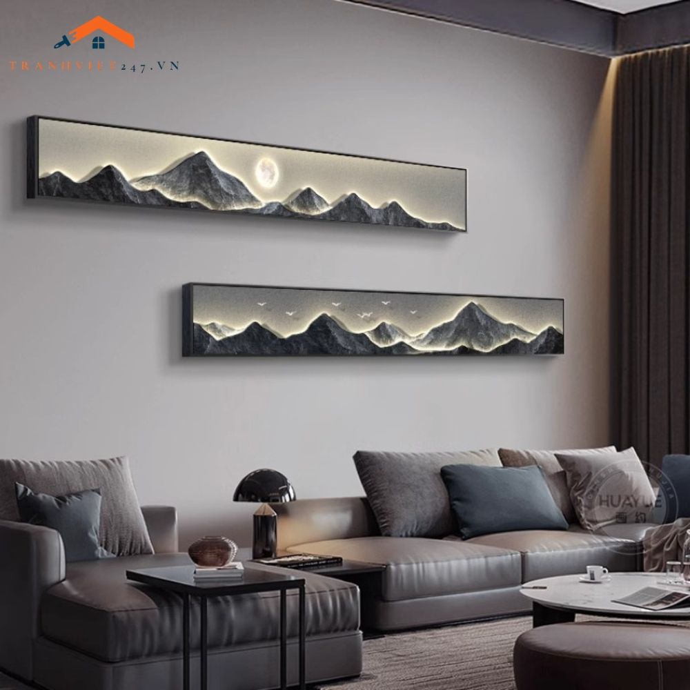 Tranh Treo Tường Bộ 2 Tấm Phong Cảnh Núi Mặt Trăng Chim Hươu Giả Led Trang Trí Phòng Khách