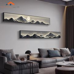 Tranh Treo Tường Bộ 2 Tấm Phong Cảnh Núi Mặt Trăng Chim Hươu Giả Led Trang Trí Phòng Khách