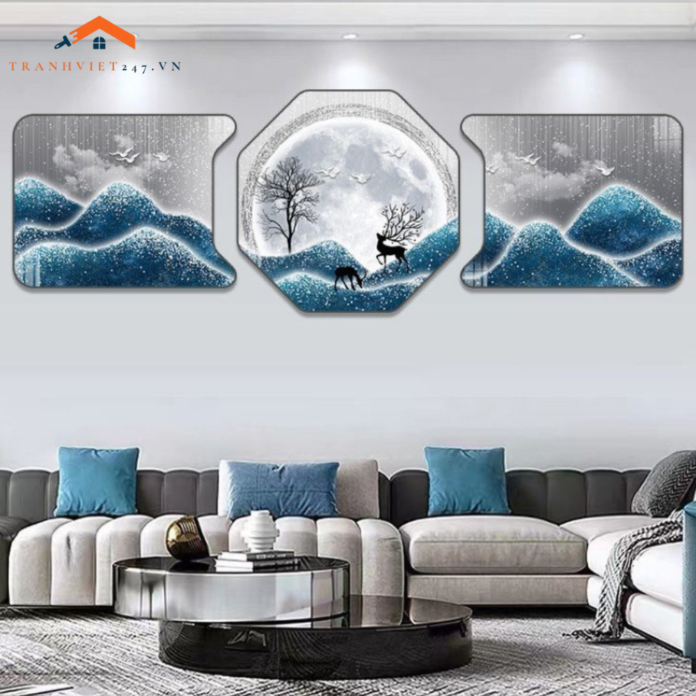 Bộ Tranh Khuyết Lục Giác Tráng Gương - Trang Trí Nhà Cửa Chủ Đề Hươu Phú Quý