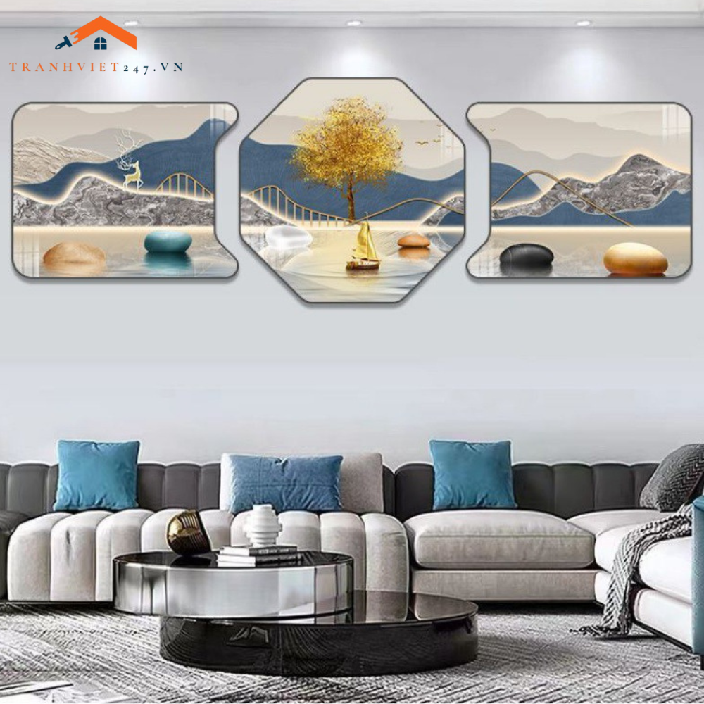 Bộ Tranh Khuyết Lục Giác Tráng Gương - Trang Trí Nhà Cửa Chủ Đề Hươu Phú Quý