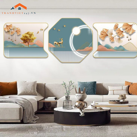 Bộ Tranh Khuyết Lục Giác Tráng Gương - Trang Trí Nhà Cửa Chủ Đề Hươu Phú Quý