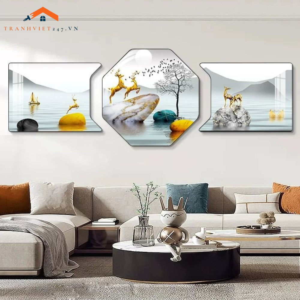 Bộ Tranh Khuyết Lục Giác Tráng Gương - Trang Trí Nhà Cửa Chủ Đề Hươu Phú Quý