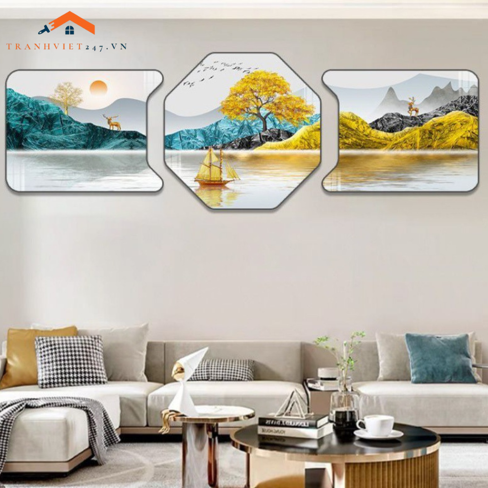 Bộ Tranh Khuyết Lục Giác Tráng Gương - Trang Trí Nhà Cửa Chủ Đề Hươu Phú Quý