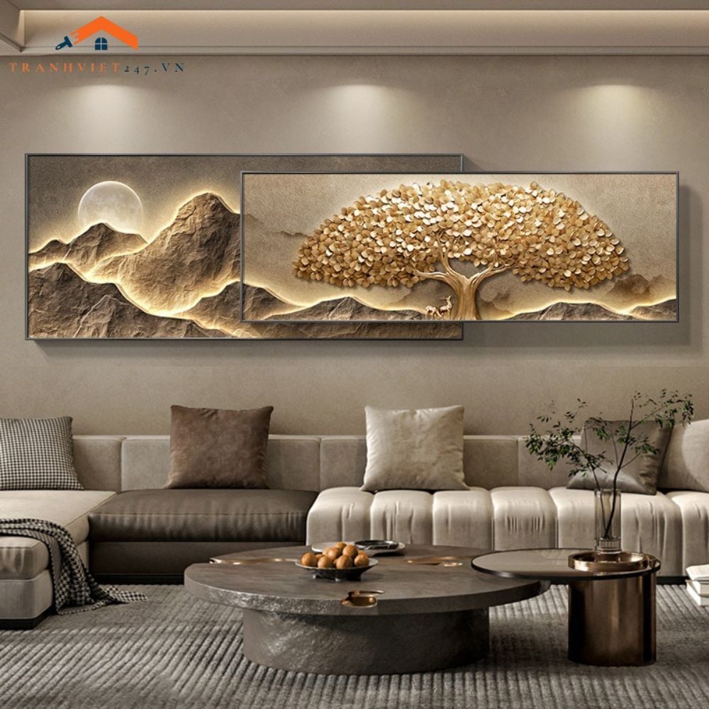 Tranh Treo Tường Bộ 2 Tấm Cây Tài Lộc Vàng 3D, Mặt Trăng và Núi Non Hiện Đại Trang Trí Phòng Khách