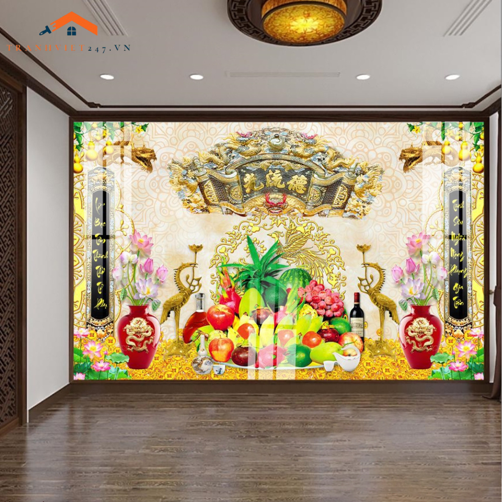 Tranh Tráng Gương 3D Phòng Thờ Gia Tiên Phúc Lộc Thọ - Tài Lộc, May Mắn, Sung Túc