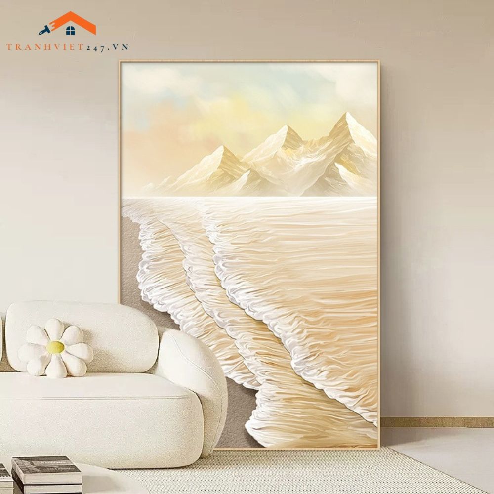 Tranh Treo Tường Trừu Tượng Bờ Biển Từ Trên Cao Sóng Nổi Trắng Xám Hiện Đại Tối Giản