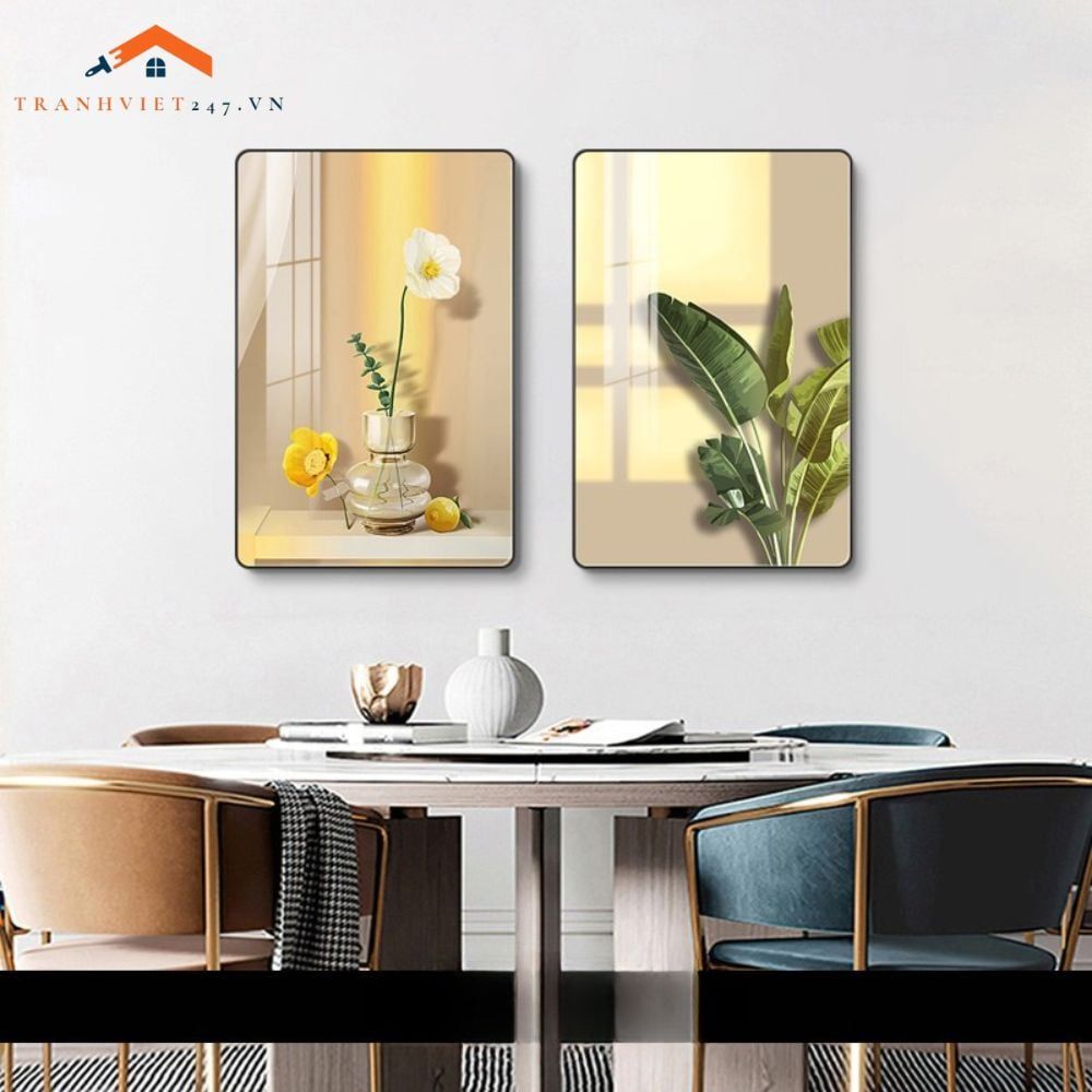 Bộ 2 Tranh Treo Tường Phòng Ngủ Hiện Đại Lông Vũ và Phụ Nữ Sang Trọng