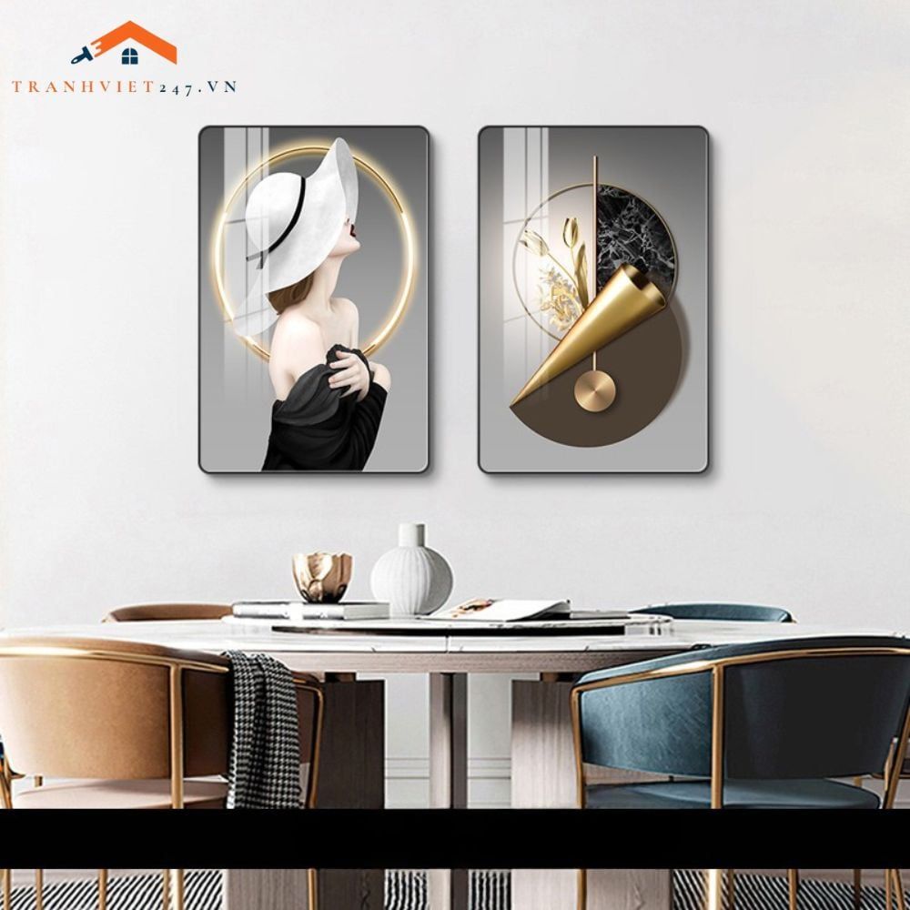 Bộ 2 Tranh Treo Tường Phòng Ngủ Hiện Đại Lông Vũ và Phụ Nữ Sang Trọng