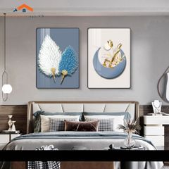 Bộ 2 Tranh Treo Tường Phòng Ngủ Hiện Đại Lông Vũ và Phụ Nữ Sang Trọng