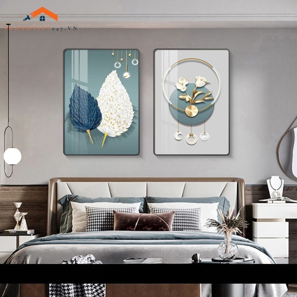 Bộ 2 Tranh Treo Tường Phòng Ngủ Hiện Đại Lông Vũ và Phụ Nữ Sang Trọng