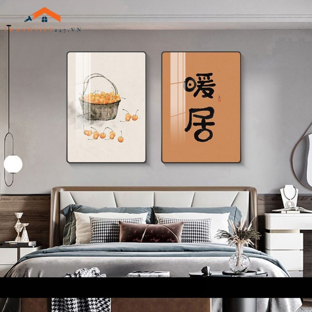 Bộ 2 Tranh Treo Tường Phòng Ngủ Hiện Đại Lông Vũ và Phụ Nữ Sang Trọng