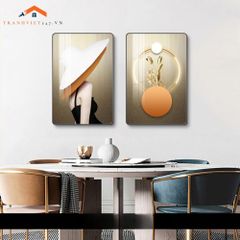 Bộ 2 Tranh Treo Tường Phòng Ngủ Hiện Đại Lông Vũ và Phụ Nữ Sang Trọng