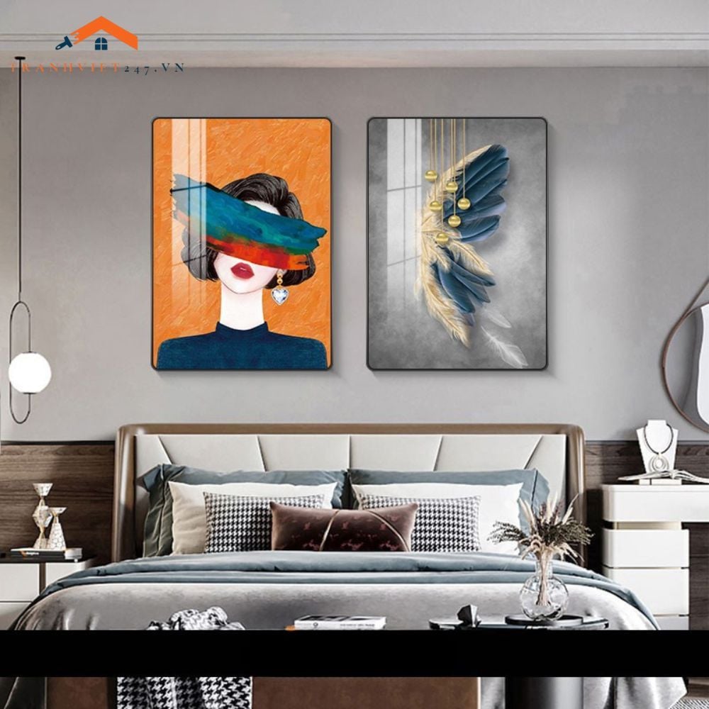 Bộ 2 Tranh Treo Tường Phòng Ngủ Hiện Đại Lông Vũ và Phụ Nữ Sang Trọng