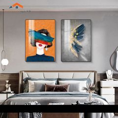Bộ 2 Tranh Treo Tường Phòng Ngủ Hiện Đại Lông Vũ và Phụ Nữ Sang Trọng