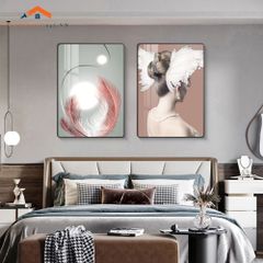 Bộ 2 Tranh Treo Tường Phòng Ngủ Hiện Đại Lông Vũ và Phụ Nữ Sang Trọng