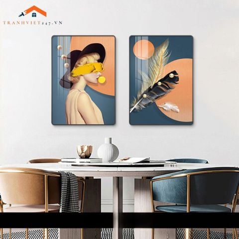 Bộ 2 Tranh Treo Tường Phòng Ngủ Hiện Đại Lông Vũ và Phụ Nữ Sang Trọng