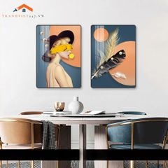 Bộ 2 Tranh Treo Tường Phòng Ngủ Hiện Đại Lông Vũ và Phụ Nữ Sang Trọng