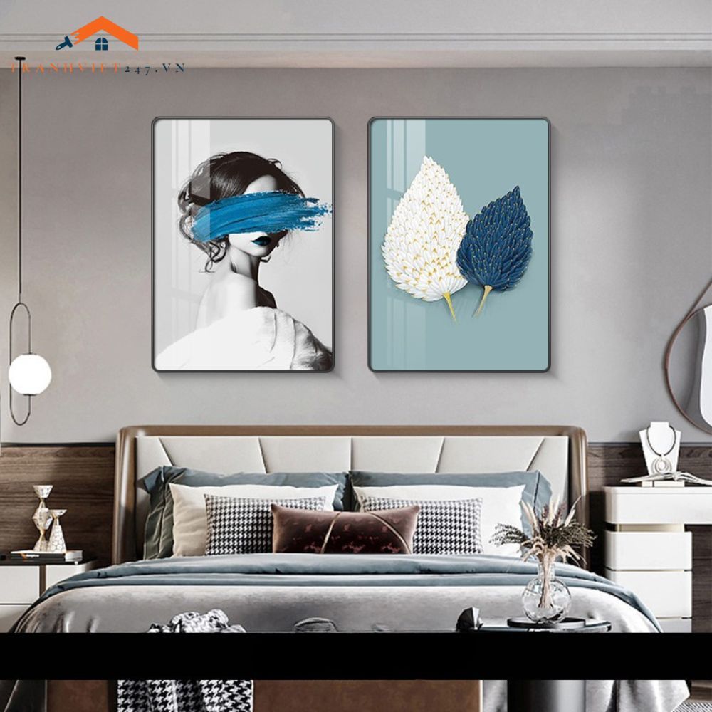 Bộ 2 Tranh Treo Tường Phòng Ngủ Hiện Đại Lông Vũ và Phụ Nữ Sang Trọng