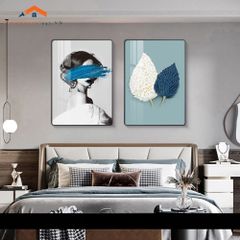 Bộ 2 Tranh Treo Tường Phòng Ngủ Hiện Đại Lông Vũ và Phụ Nữ Sang Trọng