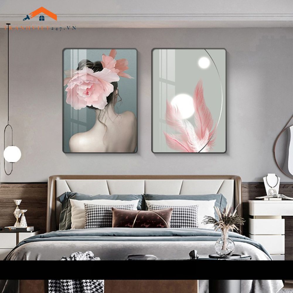 Bộ 2 Tranh Treo Tường Phòng Ngủ Hiện Đại Lông Vũ và Phụ Nữ Sang Trọng