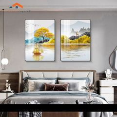 Bộ 2 Tranh Treo Tường Phòng Ngủ Hiện Đại Lông Vũ và Phụ Nữ Sang Trọng