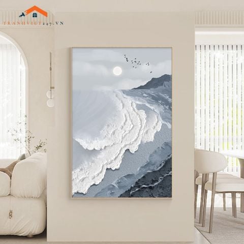 Tranh Treo Tường Trừu Tượng Bờ Biển Từ Trên Cao Sóng Nổi Trắng Xám Hiện Đại Tối Giản