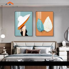 Bộ 2 Tranh Treo Tường Phòng Ngủ Hiện Đại Lông Vũ và Phụ Nữ Sang Trọng