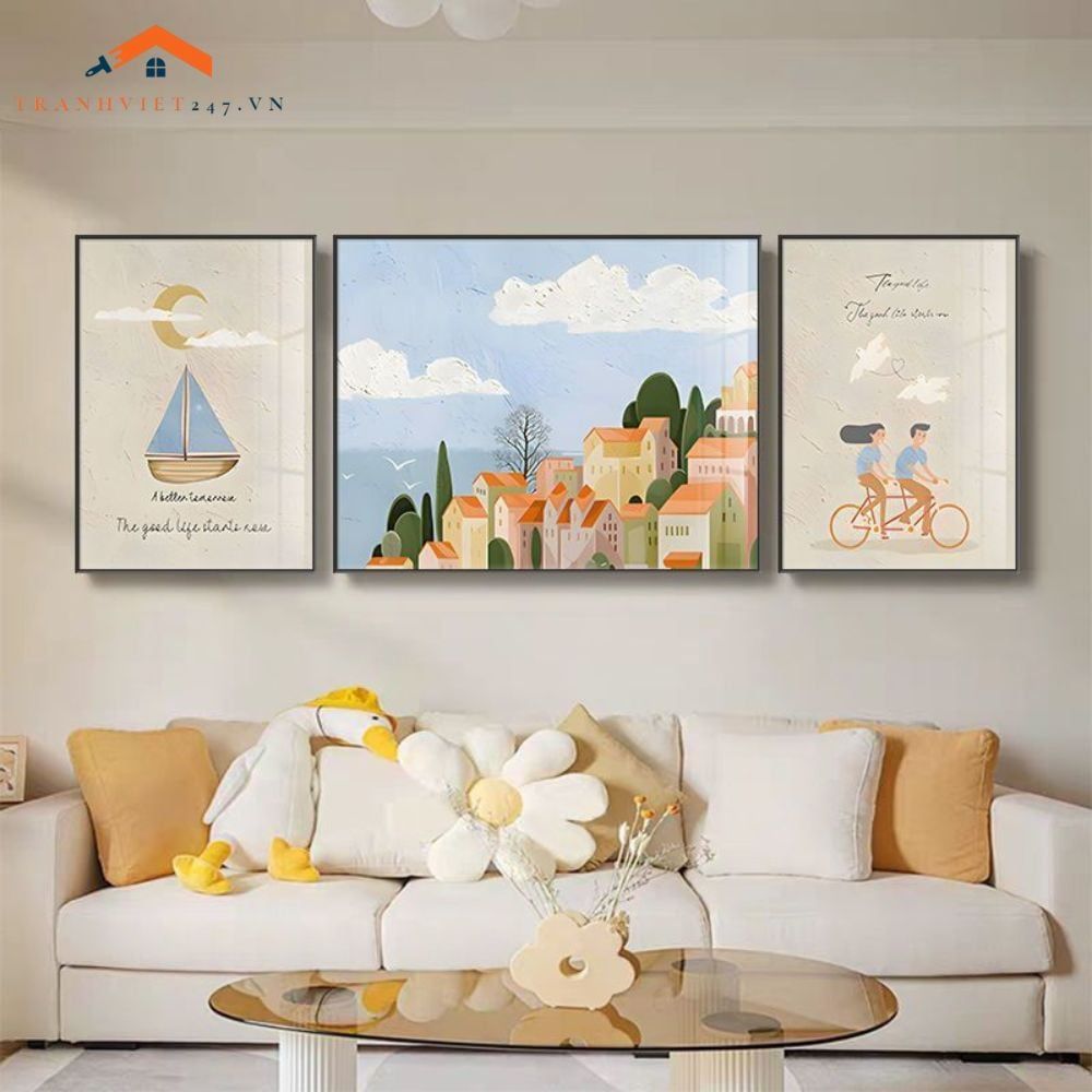 Tranh Treo Tường Phong Cảnh Biển Và Khinh Khí Cầu - Bộ 3 Tấm Phong Cách Lãng Mạn Hiện Đại
