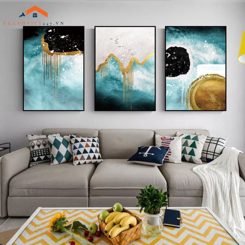 Bộ 3 Tranh Treo Tường Phòng Khách Hiện Đại Trừu Tượng Xanh Vàng - Điểm Nhấn Nội Thất Sang Trọng