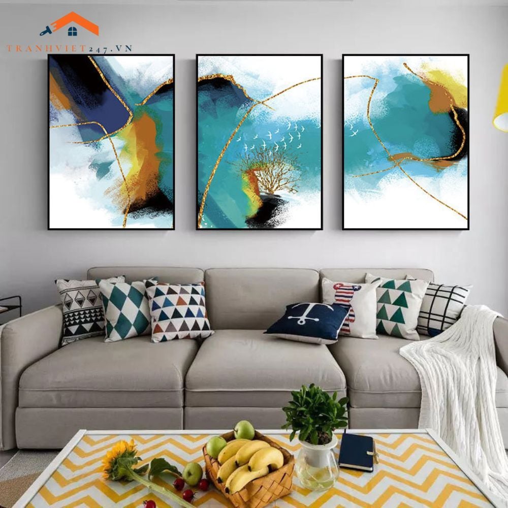 Bộ 3 Tranh Treo Tường Phòng Khách Hiện Đại Trừu Tượng Xanh Vàng - Điểm Nhấn Nội Thất Sang Trọng
