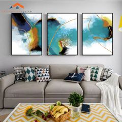 Bộ 3 Tranh Treo Tường Phòng Khách Hiện Đại Trừu Tượng Xanh Vàng - Điểm Nhấn Nội Thất Sang Trọng