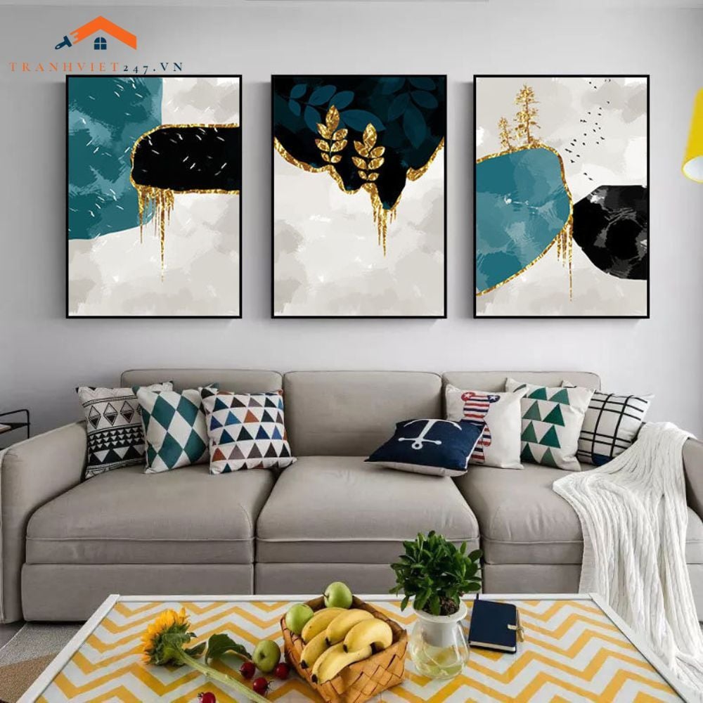 Bộ 3 Tranh Treo Tường Phòng Khách Hiện Đại Trừu Tượng Xanh Vàng - Điểm Nhấn Nội Thất Sang Trọng