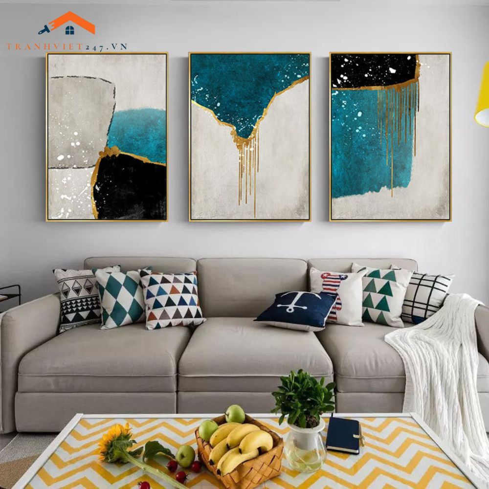 Bộ 3 Tranh Treo Tường Phòng Khách Hiện Đại Trừu Tượng Xanh Vàng - Điểm Nhấn Nội Thất Sang Trọng