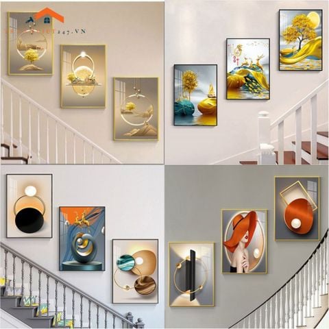 Bộ Tranh Treo Tường Cầu Thang Hiện Đại Cây Vàng Hươu và Phụ Nữ Sang Trọng