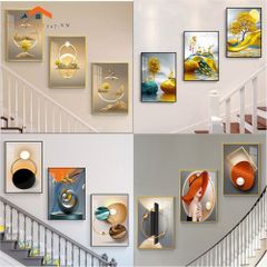 Bộ Tranh Treo Tường Cầu Thang Hiện Đại Cây Vàng Hươu và Phụ Nữ Sang Trọng