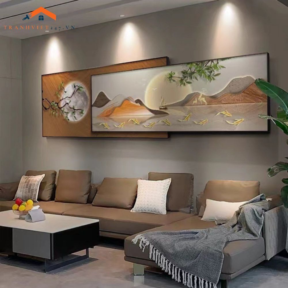 Tranh Treo Tường Bộ 2 Tấm Phong Cảnh Núi Mặt Trăng Hiện Đại