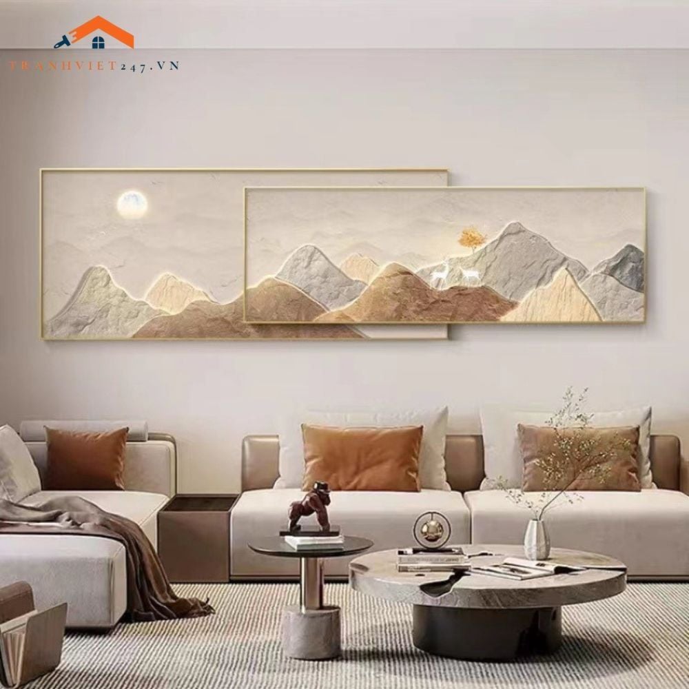 Tranh Treo Tường Bộ 2 Tấm Phong Cảnh Núi Mặt Trăng Hiện Đại