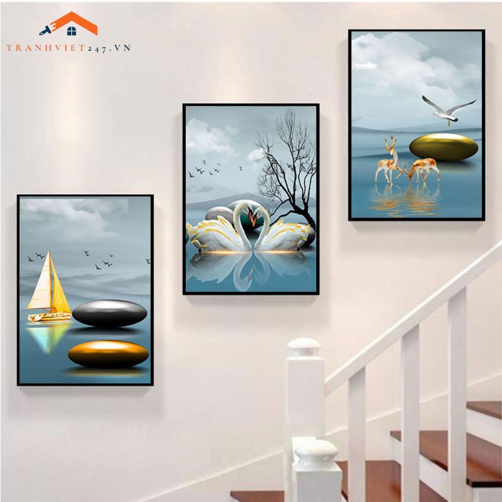 Bộ Tranh Treo Tường Cầu Thang Hiện Đại Cây Vàng Hươu và Phụ Nữ Sang Trọng